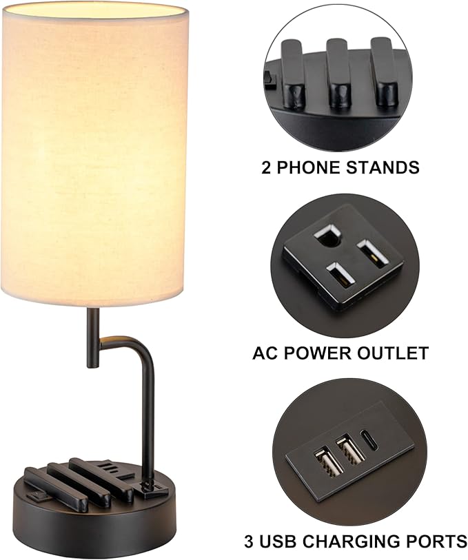 Dreamholder Table Lamp with 3 USB Charging Ports, Modern Desk Lamp with AC Outlet and Phone Stands, Perfect Bedside Lamp for Bedroom, Living Room, Office (Pack of 2), Cream