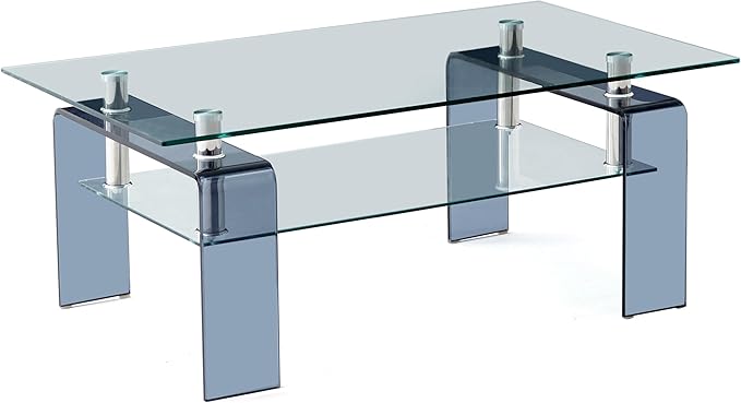 Glass Coffee Table Rectangle Living Room Center Table with Storage, Clear Tempered Glass Tabletop and Smoke Grey Leg,for Living Room and Office (Clear+Smoke)