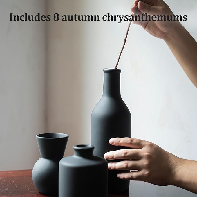 Fake Flowers in Vase for Centerpieces, Faux Flowers in Modern Ceramic Vase Set of 3 with 8 Artificial Autumn Chrysanthemums Home Decor