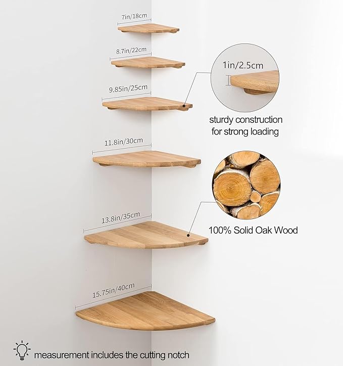 Corner Shelf, Solid Oak Wood Floating Corner Shelf Wall Mount Round End Floating Speaker with Wire Hole for Small Plant Photo for Bedroom Kitchen, Living Room