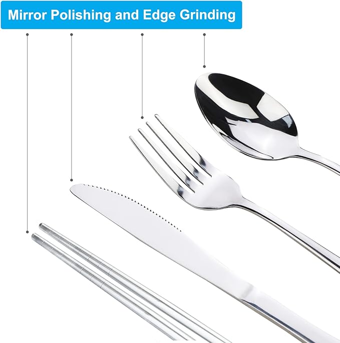10PCS Portable Silverware Set with Case, Lengnoyp Travel Camping Utensils Set, Premium Stainless Steel Travel Cutlery Set, Reusable Safe Flatware Sets for Lunch Box/Workplace/Students, Silver