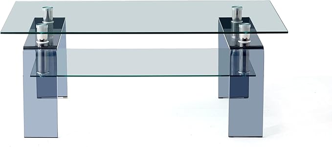 Glass Coffee Table Rectangle Living Room Center Table with Storage, Clear Tempered Glass Tabletop and Smoke Grey Leg,for Living Room and Office (Clear+Smoke)