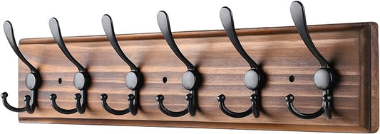 Coat Rack Wall Mount, Wooden Heavy Duty Coat Rack for Wall,6 Triple Coat Hanger Hooks for Hanging Coats,Jacket,Hat,Clothes (Brown, 6 Hooks)