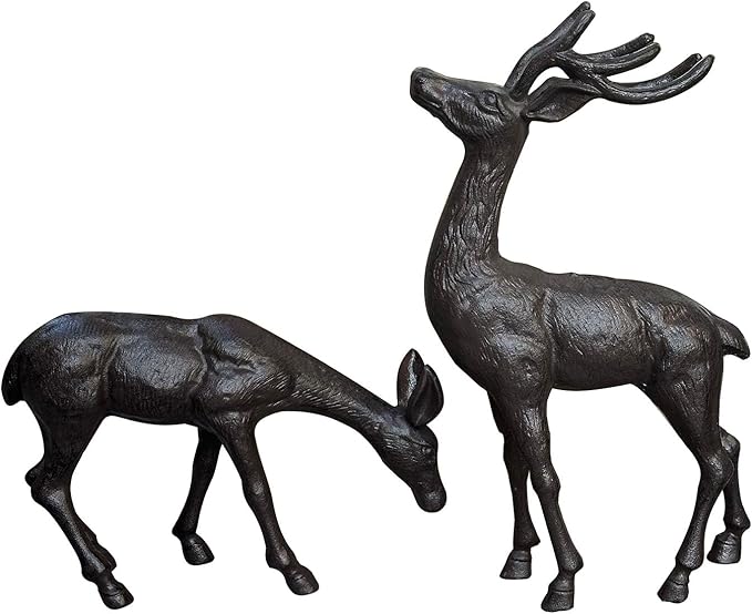 Elegant Pair of Cast Iron Deer Sculptures -22" and 11.4" Tall Male and Female Set for Outdoor Garden Decor, Realistic Animal Statues HC3672-5691
