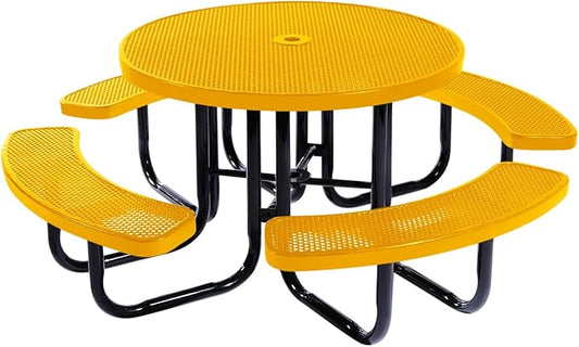 Coated Outdoor Furniture Heavy-Duty Portable Outdoor Picnic Table with Umbrella Hole, Punched Steel Commercial-Grade Patio Dining Furniture Made in America (46" Round Top, Yellow)
