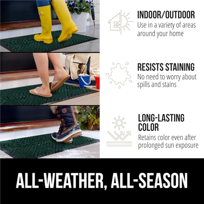 GORILLA GRIP 100% Waterproof All-Season WeatherMax Doormat US Designed Natural Rubber, Stain and Fade Resistant, Low Profile Indoor Outdoor Door Mats, Easy Clean Patio Mat, 17x29, Green Diamond