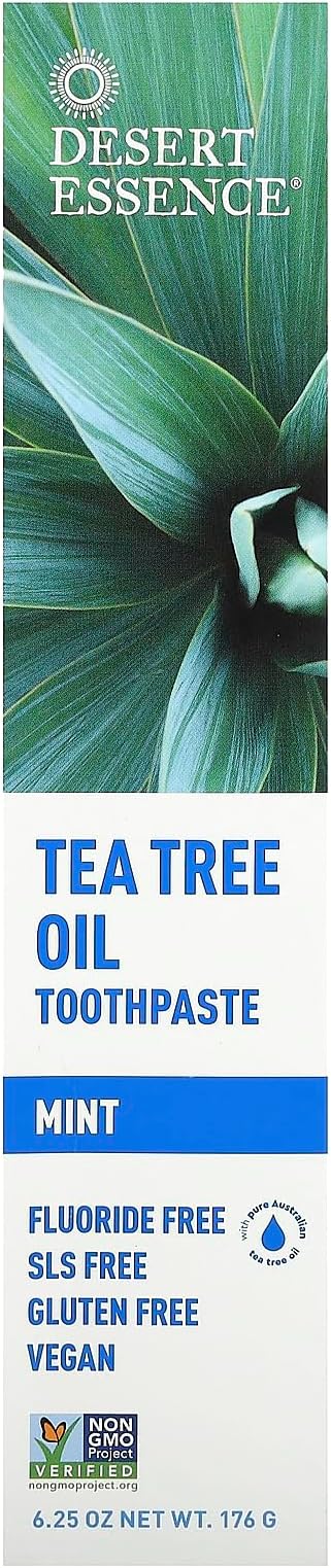 Desert Essence Tea Tree Oil Toothpaste - Mint - 6.25 Ounce - Refreshing Taste - Deep Cleans Teeth & Gums - Helps Fight Plaque - Sea Salt - Pure Essential Oil - Baking Soda - Promotes Healthy Mouth