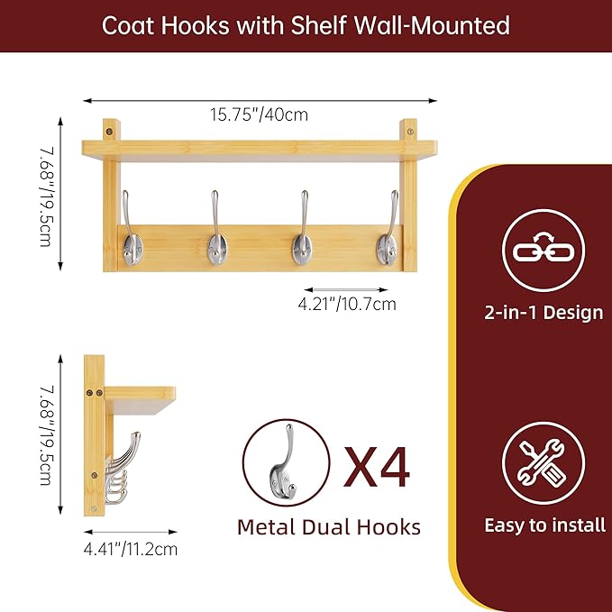 Coat Rack with Shelf, 2 Pack Bamboo Wall-Mounted Coat Hanger with 8 Hooks for Entryway, Hallway, Kitchen, Bathroom, Living Room, Utility Room (Natural)