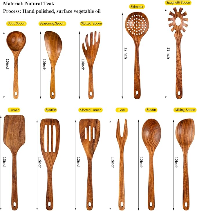 GUDAMAYE 11 PCE Wooden Spoons for Cooking, Wooden Kitchen Utensils Set,Wooden Cooking Utensils,Natural Teak Wooden Spoons For Non-stick Pan