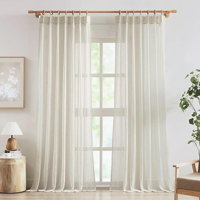 FMFUNCTEX Linen Sheer Pinch Pleated Curtains for Living Room, Linen Flax Beige 90 Inches Long Sheer Curtain See Through Panels for Bedroom, Natural Window Drapes for Farmhouse, Back Tab 2 Panels