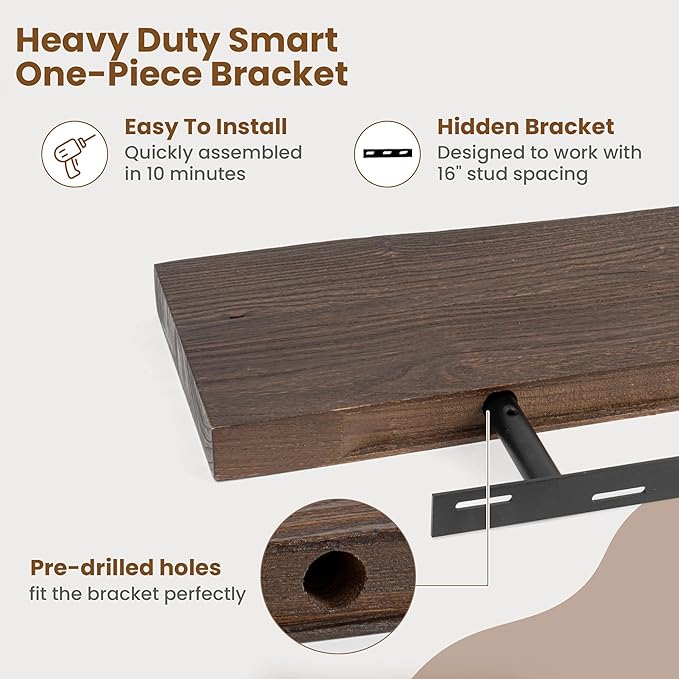 Floating Shelves for Wall Decor, Rustic Solid Elm Wood Live Edge Floating Shelves Wall Mounted, Wall Shelves with Invisible Bracket for Living Room Bathroom Bedroom Kitchen, 32 Inch Set of 2, Walnut