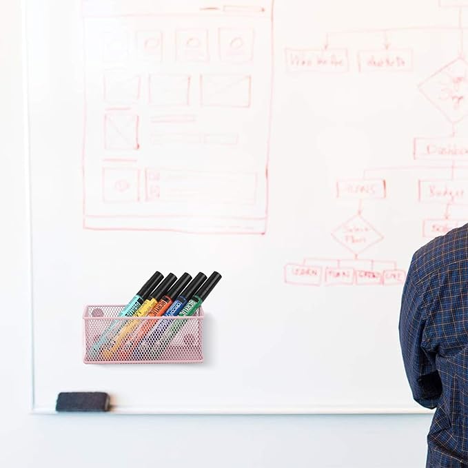 EASEPRES Magnetic Pencil Holder Set of 6 - Wire Mesh Storage Baskets Organizer with Strong Magnets - Perfect for Whiteboard, Refrigerator and Locker Accessories, Pink