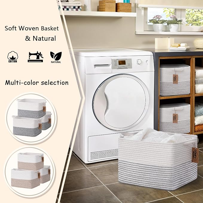 COMFY-HOMI 3 Pack Cotton Rope Square Basket with Handles - Storage & Organizer (White/Black Line, 13.5" x 11" x 9.5")