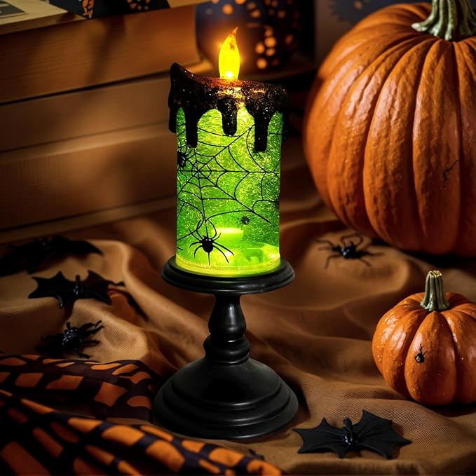 1.Halloween Snow Globe Tornado Flameless Candles Table Centerpiece for Celebration Party,Battery Operated LED Candle with 6 Hours Timer for Home Indoor Halloween Decoration (Spider)