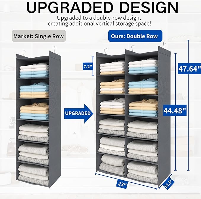 Dual-Row 6 Tier Shelf Hanging Closet Organizer and Storage, 12 Pockets Clothes Storage Shelves with 3 Sturdy Hooks for Clothing Organization, Dorm Room Essentials for Girls, Foldable, Grey