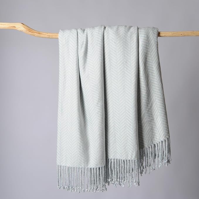 CUDDLE DREAMS Silk Throw Blanket with Hand-Knotted Fringe, Natural, Soft & Breathable (Herringbone Blue)