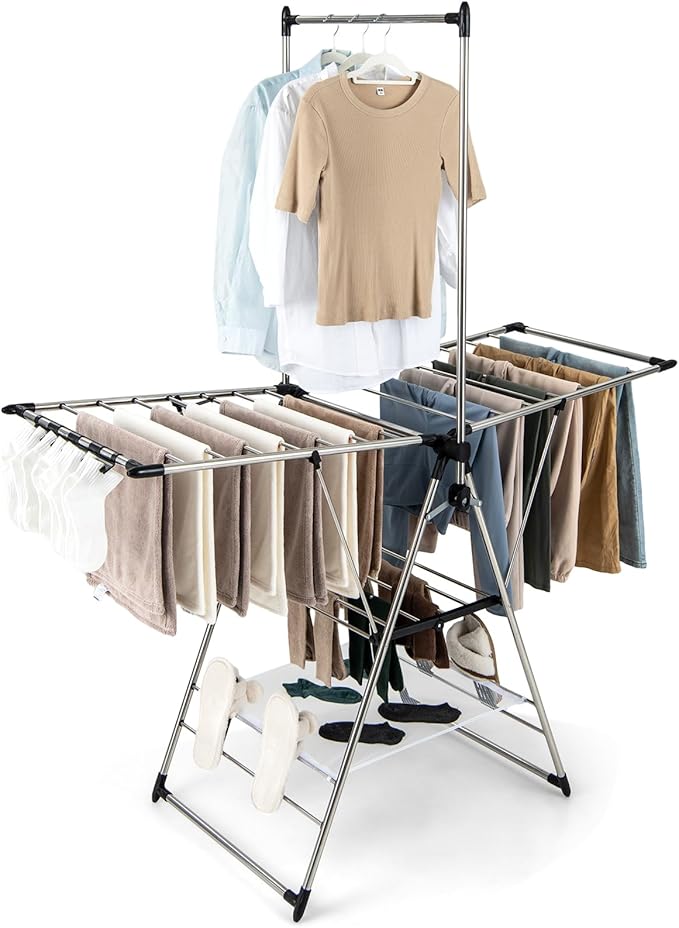 Giantex Clothes Drying Rack, Foldable Laundry Drying Rack with with 6-Level Adjustable Height, High Hanger Design, Side Clips, Space Saving Collapsible Laundry Drying Rack