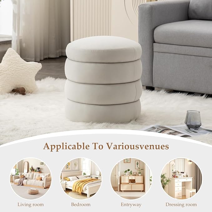 Furniliving Modern Round Ottoman, Soft Bedroom Ottoman Footstool Round Ottomans Stool for Living Room, Bedroom, Makeup Room, White, Velvet