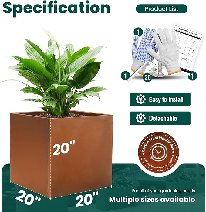 Corten Steel Planter Box Outdoor Planter Metal Square Large Steel Flower Pot Rustic Cube Patina Tall Plant 20 Inch Durable Antique for Commercial Residential Patio Deck Yard Garden
