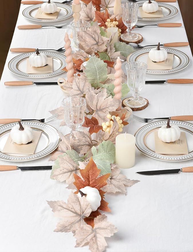 DearHouse Pumpkin Fall Maple Leaf Garland, 6Ft Hanging Vine White Maple Garland Artificial Autumn Foliage Thanksgiving Decor for Home Wedding Fireplace Party Christmas