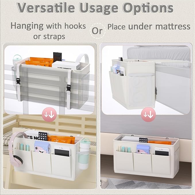 Dual-purpose Bedside Caddy Bedside Organizer, Bed Caddy with 6 Pockets, Versatile Bedside Storage Solution Magazine Remotes holder, ideal for Home, Dorm, Hospital, Crib Bed (White 2pcs)
