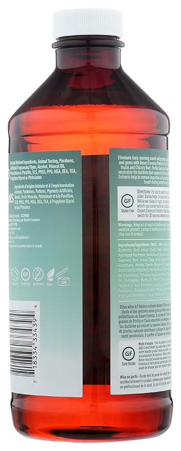 Desert Essence Prebiotic Plant-Based Brushing Rinse Mint 15.8 fl oz – Alcohol Free, No SLS, Gluten-Free, Vegan, Cruelty Free - Healthy Oral Microbiome - Tea Tree Oil, Inulin & Chicory Root