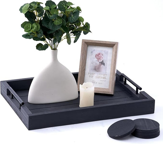 Dark Grey Coffee Table Decorative Serving Tray with Handles & 4 Coasters - 17x13 Inch Wood Tray for Ottoman, Breakfast, Wooden Tray