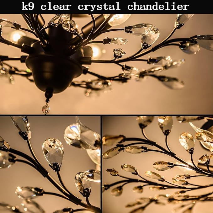Ganeed Crystal Ceiling Light,Vintage Chandelier, Modern Elegant K9 Crystal Glass Chandelier Flush Mount Ceiling Lighting Fixture for Living Room Bedroom Restaurant Porch- Matte Black - 5 Lights