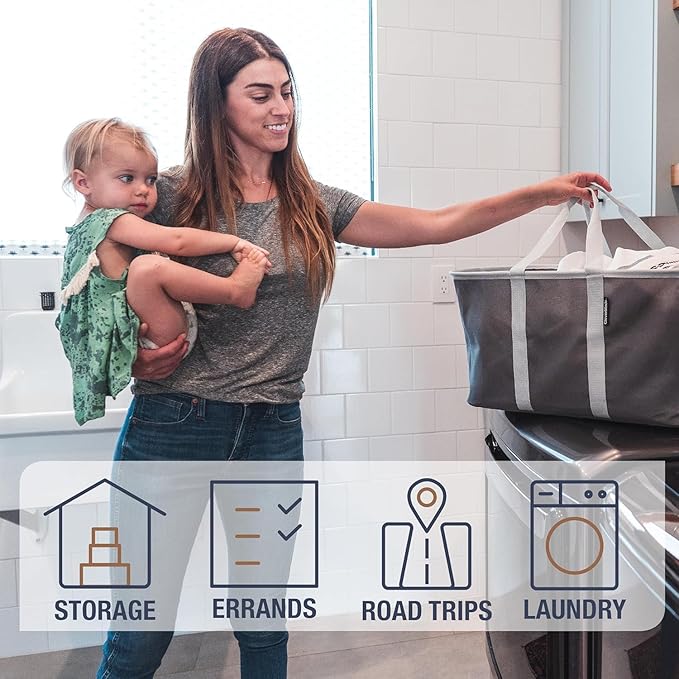 CleverMade Collapsible Laundry Tote - LUXE Navy Noir Cream 2Pack 50L - Foldable Storage Organization Container Clothes Laundry Room Storage Solution