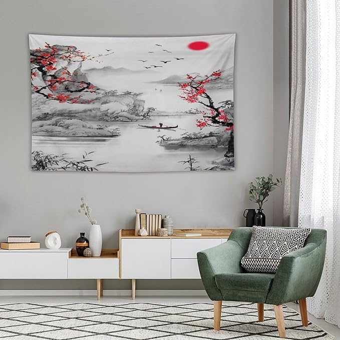 Cherry Blossoms Tapestry, Japanese Red Landscape Watercolor Abstract Art, Asian Japanese Wall Tapestry, Nature Landscape Tapestries for Bedroom Living Room Decor 90"x60"