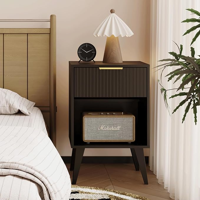 Fluted Night Stand with Opening Storage,Mid Century Bedside Table with Drawer,Modern Nightstand with Solid Wood Legs,End Table Side Table for Living Room,Bedroom,Black CTG56BK
