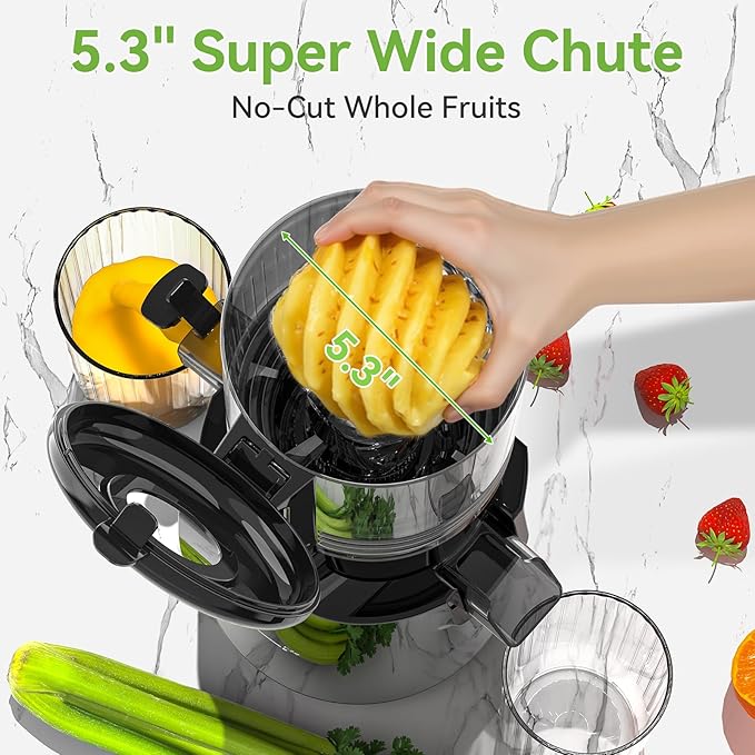 Cold Press Juicer - 5.3" Large Feed Chute Juicer Machines for Whole Vegetables & Fruits, 99% High Juice Yield, Quiet & Easy to Clean Slow Masticating Juicer, BPA-Free, Preserves More Nutrients (Black)