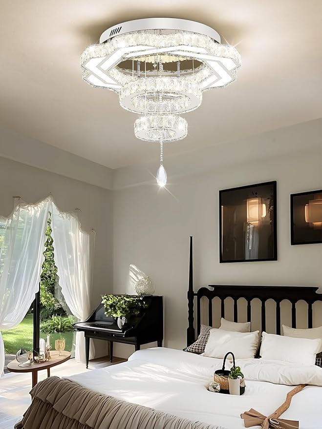 Flashing God Modern Crystal Chandeliers Dia 24" Silver Chandelier Flush Mount Ceiling Light for Bedroom Living Room Dining Room Hallway Dimmable 3 Rings LED Celing Lighting Fixtures