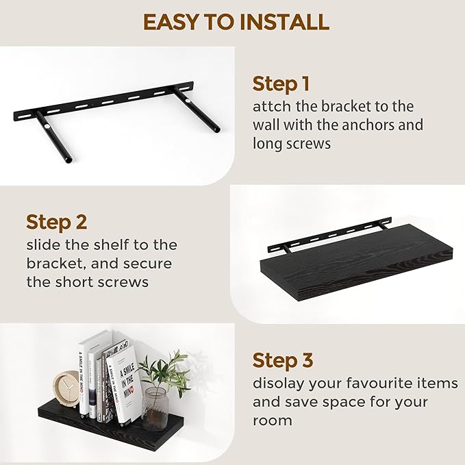 Fun Memories Floating Shelves 55 Inch Set of 2, Black 55 x 9 Wall Shelves for Home Decor Storage, Rustic Wood Floating Shelf for Wall, 9 Inch Deep Shelving for Bathroom, Living Room, Kitchen