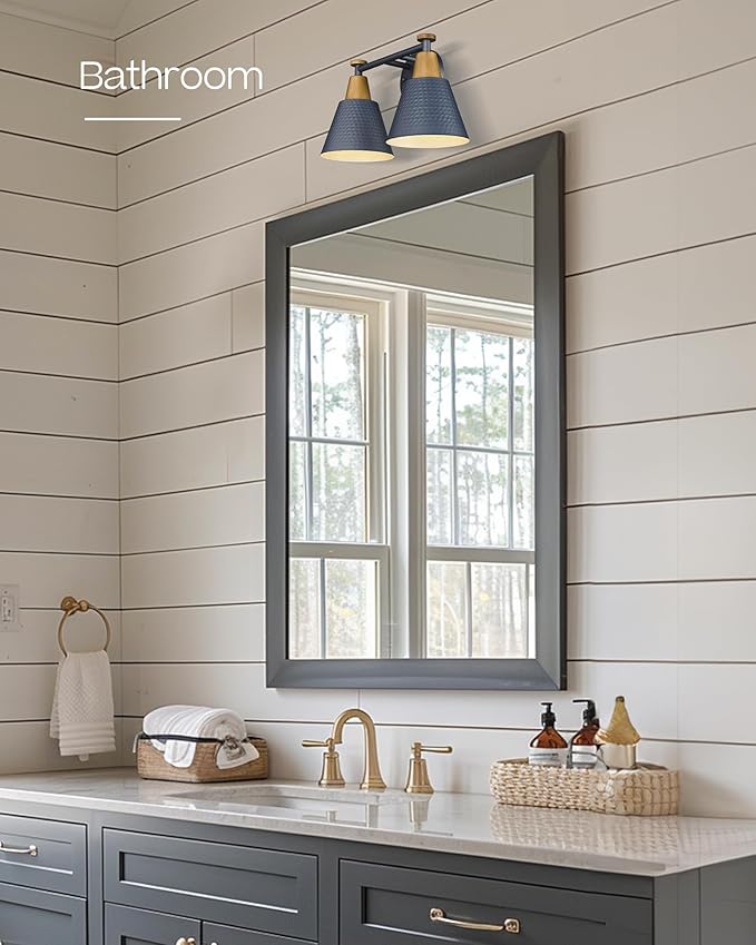 FEMILA 2-Light Bathroom Light Fixtures, Modern Bathroom Vanity Light with Hammered Metal Shade, Dark Blue Sconces Wall Lighting for Mirror Kitchen Bedroom, 4FG59B-2W Blue