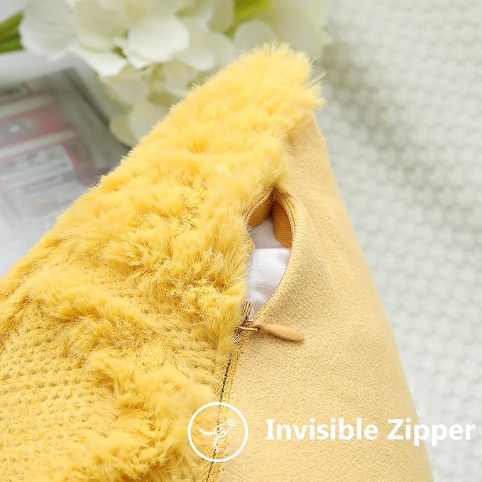 decorUhome Throw Pillow Covers 26x26 Inch Set of 2, Soft Plush Decorative Faux Fur Mustard Yellow Solid Couch Pillow Covers, Accent Farmhouse Neutral Square Euro Pillow Cases for Sofa Bed Living Room