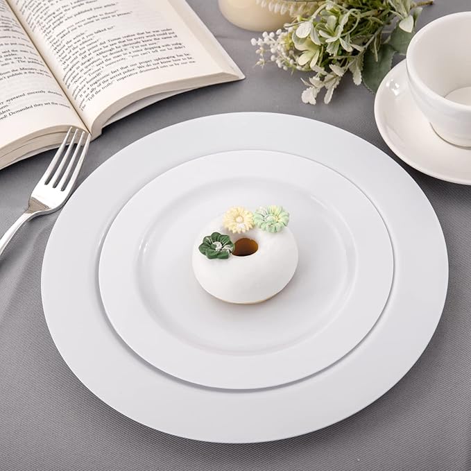 FLOWERCAT 60PCS White Plastic Plates - Heavy Duty White Disposable Plates for Birthday Party/Wedding -serve for 30 guests Include 30PCS 10.25" Dinner Plates & 30PCS 7.5" Dessert Plates for Party