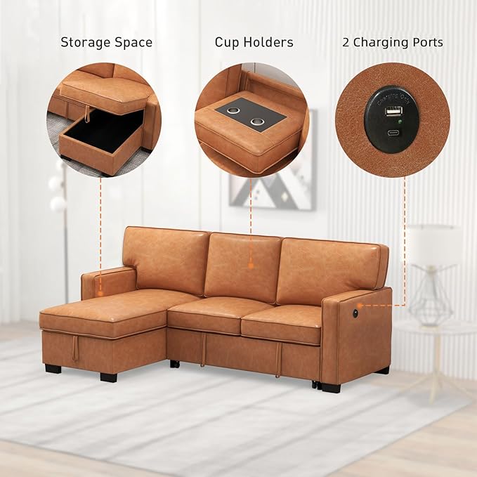 EBELLO Convertible Sleeper Sofa 3 in 1, Faux Leather Modern L-Shaped Couches for Living Room, Pull Out Sectional Futon Sofa Bed with Storage Space, USB Ports and Cup Holders for Bedroom, Brown
