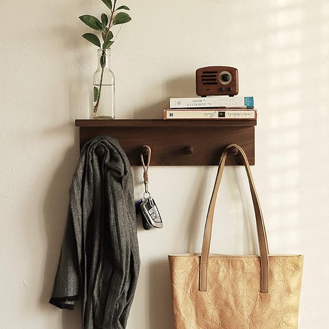 Entrance Coat Rack ，Coat Hooks, Wall-Mounted Wooden Hook Rack, Wall-Mounted Shelves are Very Suitable (Walnut Colored Finish-2)