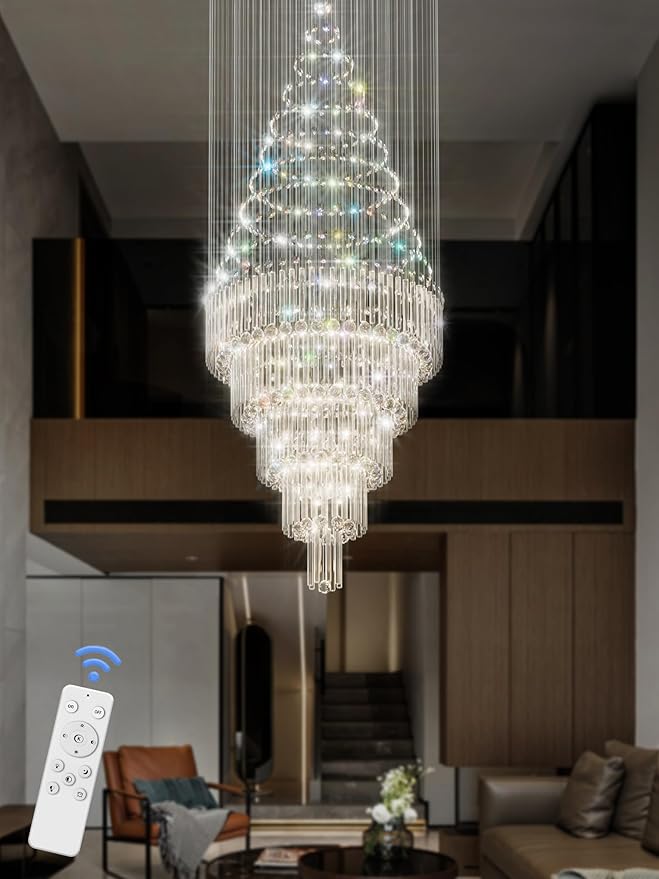 Flashing God 40''X90 High Ceiling Chandelier Crystal Raindrop Gold Chandeliers Staircase Large Chandelier Villa Entrance Foyer Pendant Light Foyer High Ceiling Light 15 GU10 Bulb Dimming