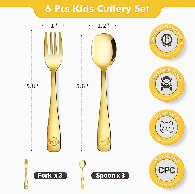 DRKIO Stainless Steel Toddler Utensils Set - 6 Pieces Kids Silverware Set Children Safe Food Grade Small Forks and Spoons Dishwasher Safe Mirror Polished