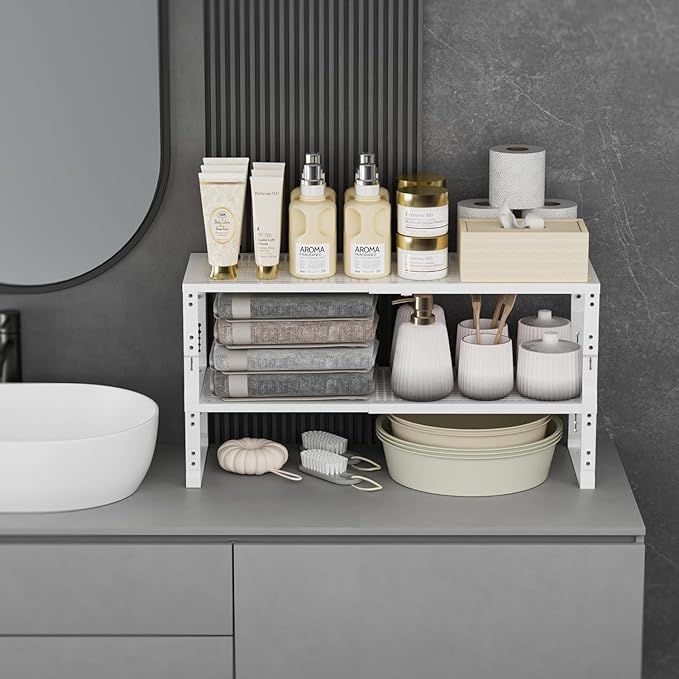 Expandable Spice Rack,Stackable Storage for Cabinet, Multi-Functional Kitchen Shelving,Height-Adjustable,Sustainable Organizer Solution(2Packs/White/Large)