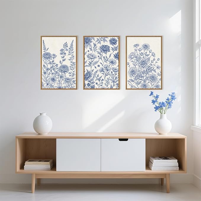Classic Chinoiserie Floral Framed Canvas Wall Art Set, Blue and White Flower Wall Decor, Navy Watercolor Wall Painting, Minimalist Wildflower Art Print for Living Room, Bedroom - 24"x36"×3