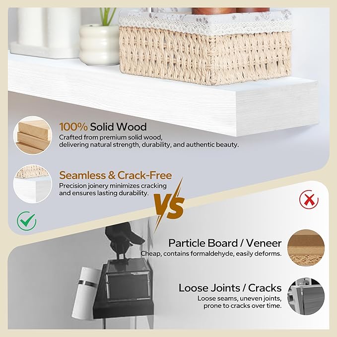 Floating Shelves 3 inch Thick for Wall Set of 2,Solid Pine Wood Wall Mount Shelf for Kitchen Living Room Bedroom Bathroom,8" D x 36" L x 3" H-White