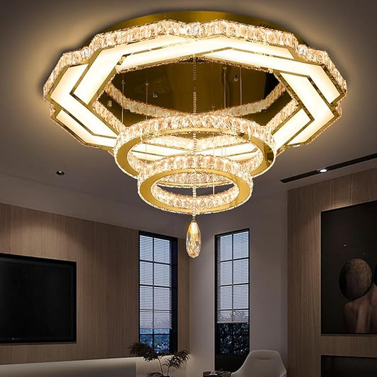 Flashing God Crystal Chandeliers Dia 32" Gold Chandelier Flush Mount Ceiling Light for Bedroom Living Room Dining Room Hallway Dimmable 3 Rings LED Celing Lighting Fixtures