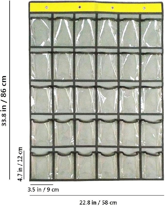 Classroom Pocket Chart for Phone Calculator Holder Over The Door Hanging Closet Jewelry Organizer with 30 Clear Pockets (GREY)