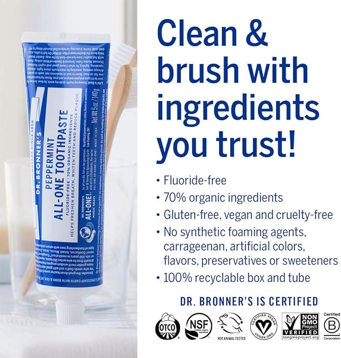 Dr. Bronner’s All-One Toothpaste 4-Pack Variety– (Peppermint, Spearmint, Cinnamon, Anise, 5oz Each)– 70% Organic Ingridients, SLS Free Toothpaste, Fluoride Free, Natural, Vegan, for Sensitive Teeth