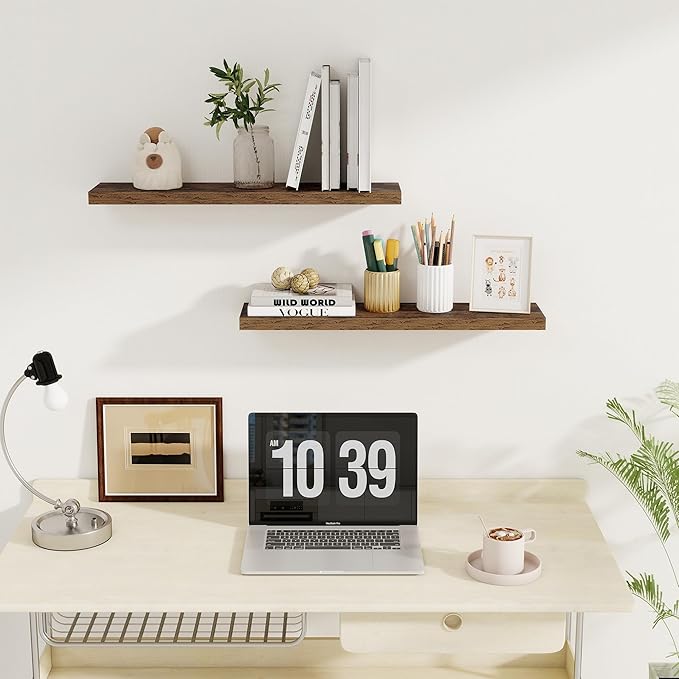 Fun Memories Floating Shelves for Wall, 27.5" Rustic Wood Deep Wall Mounted Shelves with Invisible Brackets for Decor & Storage, Floating Shelf for Living Room, Bathroom (Rustic Brown, Set of 2)