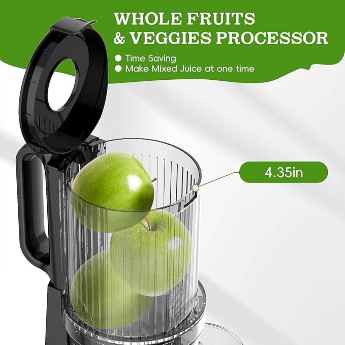 Cold Press Juicer, Juicer Machines with 4.35'' Wide Feed Chute, Stainless Steel Masticating Juicers Easy to Clean, Ergonomic Operational Panel Design, High Juice Yield, Gray Knob