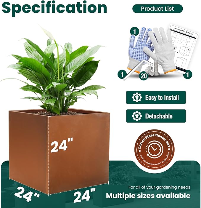 Corten Steel Planter Box Large Outdoor Planter Square Cube Planters Rustic Metal Garden Flower Pot 24 Inch Durable Antique Detached for Commercial Residential Patio Deck and Yard